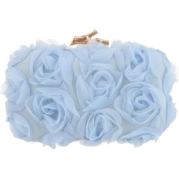 Blue Women's Mesh Lace Floral Clutch Purse Elegant Evening Bag with Chain - Picture 1 of 6